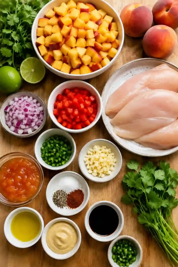 Close-up of grilled Peach Salsa Chicken coated in sweet peach glaze and topped with colorful homemade peach salsa. This easy summer chicken recipe is fresh, juicy, and full of flavor.