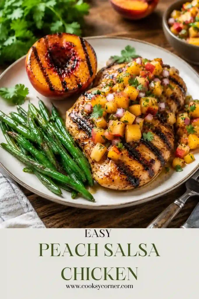 Golden grilled Peach Salsa Chicken is topped with fresh grilled peach salsa made from juicy peaches, red peppers, cilantro, and lime. The sweet and smoky flavors create a colorful summer dinner that's both vibrant and delicious.