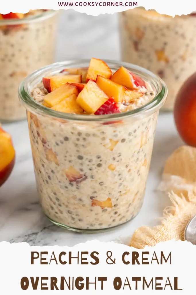 Fresh peaches, oats, chia seeds, plant-based milk, maple syrup, cinnamon, and vegan yogurt displayed in bowls for making overnight oatmeal.