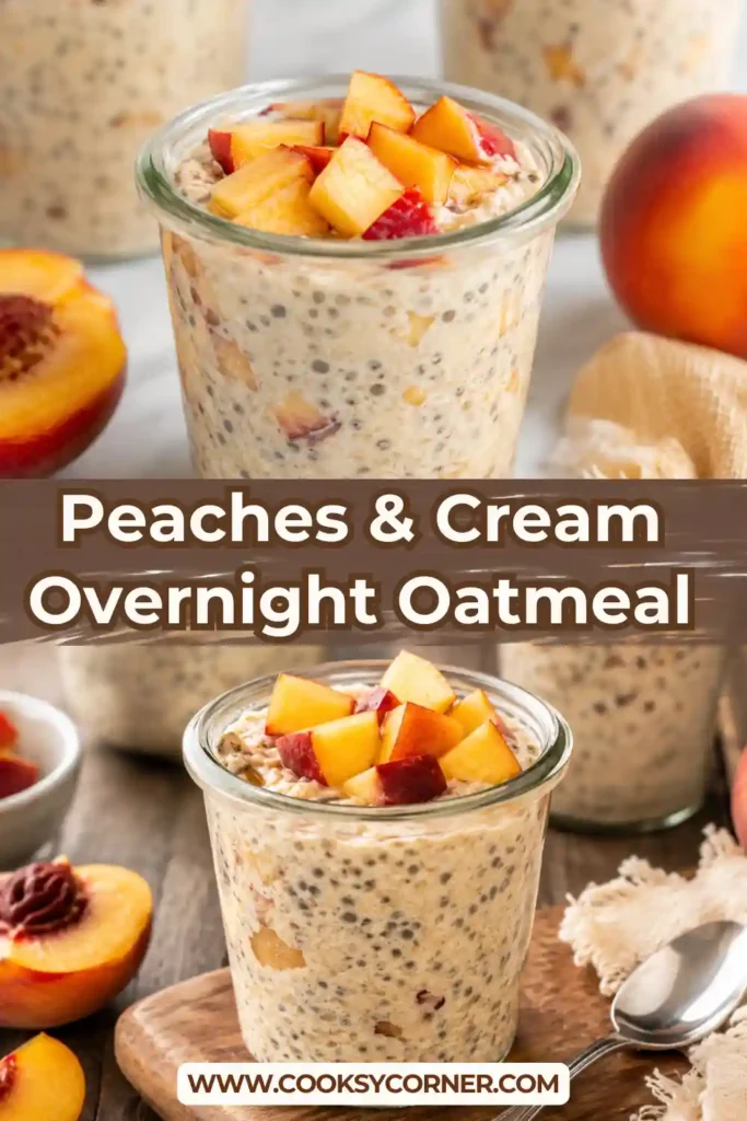 Flat-lay of vegan overnight oat ingredients featuring ripe peaches, rolled oats, chia seeds, maple syrup, oat milk, vanilla extract, and dairy-free yogurt.