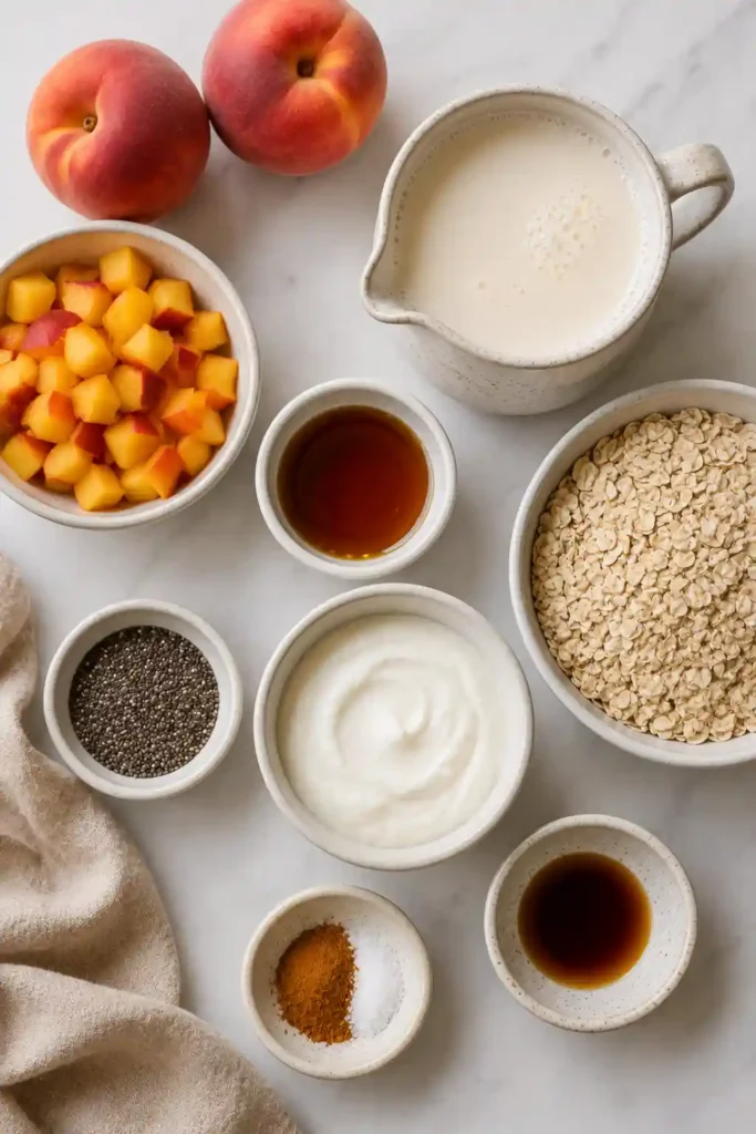 Overhead view of healthy breakfast ingredients prepared for Peaches & Cream Overnight Oatmeal under soft natural lighting.
