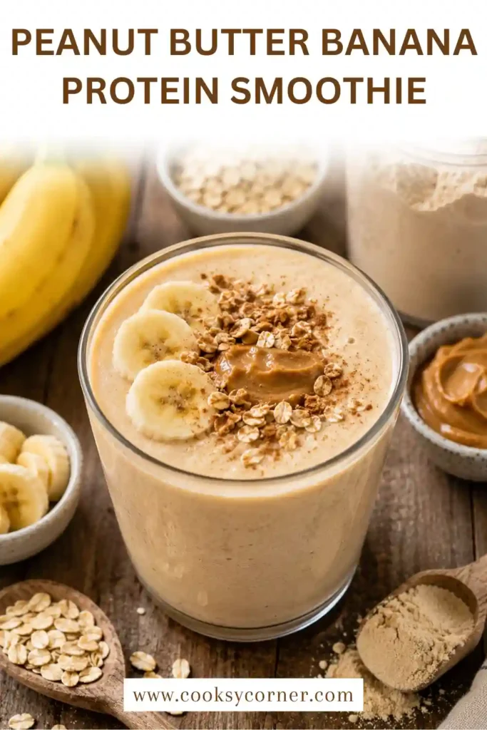 A tall glass of Peanut Butter Banana Protein Smoothie surrounded by fresh bananas, peanut butter, and protein powder ingredients. The smoothie has a thick and creamy consistency.