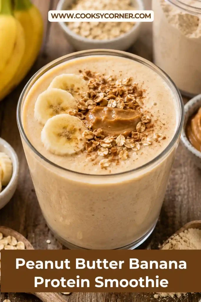 A homemade banana protein smoothie blended until smooth and topped with cinnamon. The creamy texture makes it perfect for breakfast or post-workout recovery.