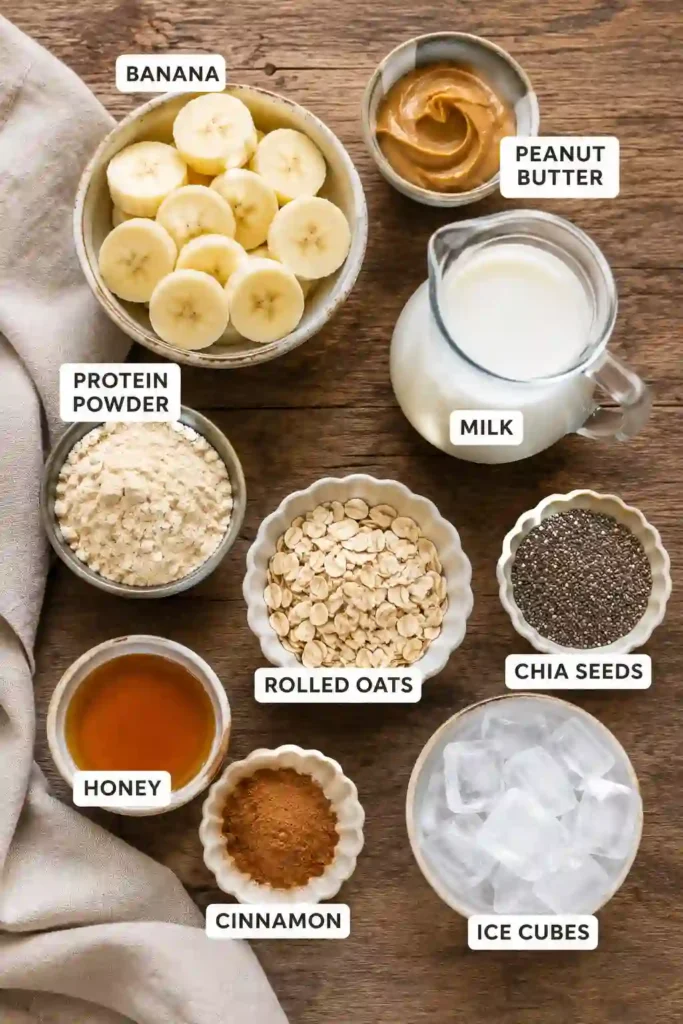 A refreshing Peanut Butter Banana Protein Smoothie with cinnamon sprinkled on top in a clear glass. This healthy smoothie is rich, creamy, and protein-packed.