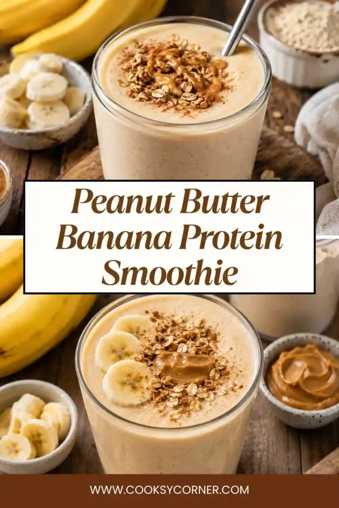 A creamy Peanut Butter Banana Protein Smoothie served in a glass with banana slices, peanut butter, and cinnamon on top. This healthy high-protein smoothie makes a quick and satisfying breakfast.