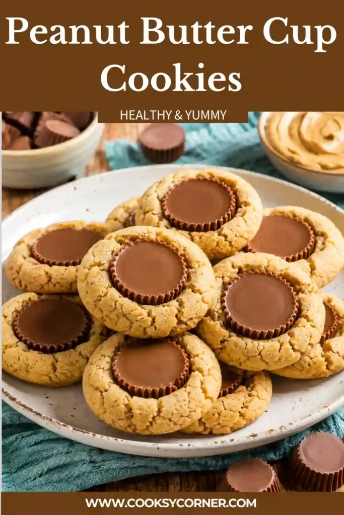 Golden peanut butter cookie cups filled with creamy chocolate peanut butter candies, perfect for holidays and dessert trays.