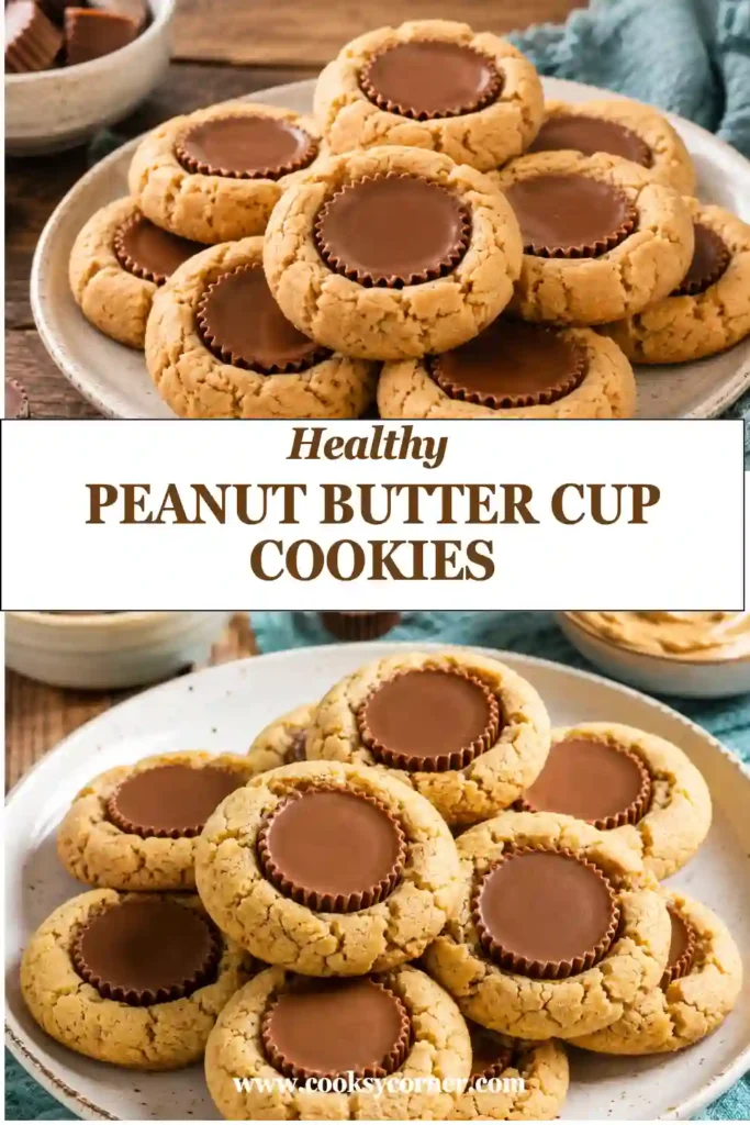 Soft homemade peanut butter cookie cups topped with miniature peanut butter cups and arranged on a cooling rack.
