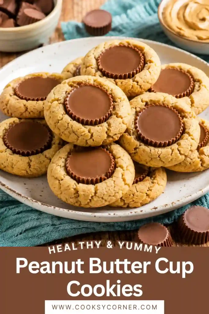 Freshly baked Peanut Butter Cup Cookies in a mini muffin shape with chocolate peanut butter cups pressed into the center.