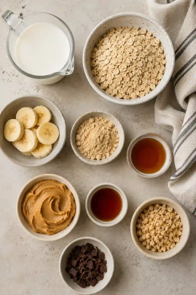 4.
Delicious Peanut Butter Maca Overnight Oats garnished with banana, peanuts, and melted dark chocolate. A simple overnight oats recipe perfect for busy mornings.