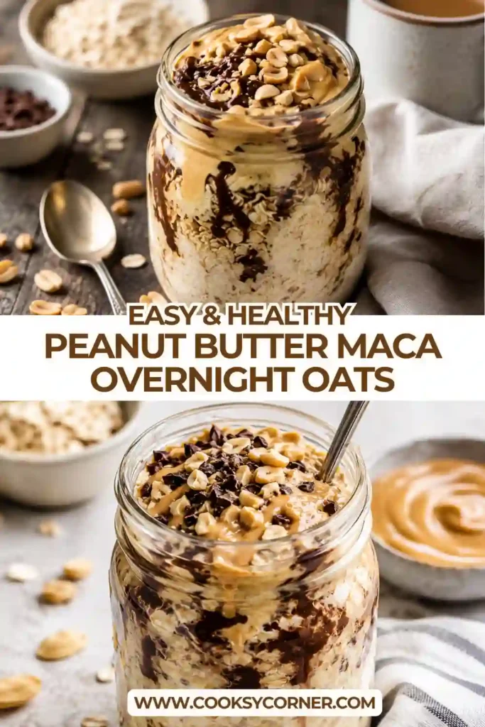 2. Creamy Peanut Butter Maca Overnight Oats served in a glass jar with banana slices and peanut butter. A wholesome dairy-free breakfast made with rolled oats and almond milk.