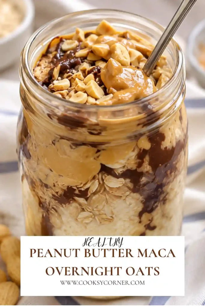 1. A jar of Peanut Butter Maca Overnight Oats topped with fresh banana slices, creamy peanut butter, chopped peanuts, and dark chocolate. This healthy breakfast is creamy and perfect for meal prep.