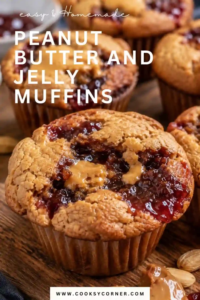 1. Freshly baked Peanut Butter and Jelly Muffins with a swirled strawberry jam topping arranged on a cooling rack. These healthy gluten-free muffins have a moist, fluffy texture and rich peanut butter flavor.