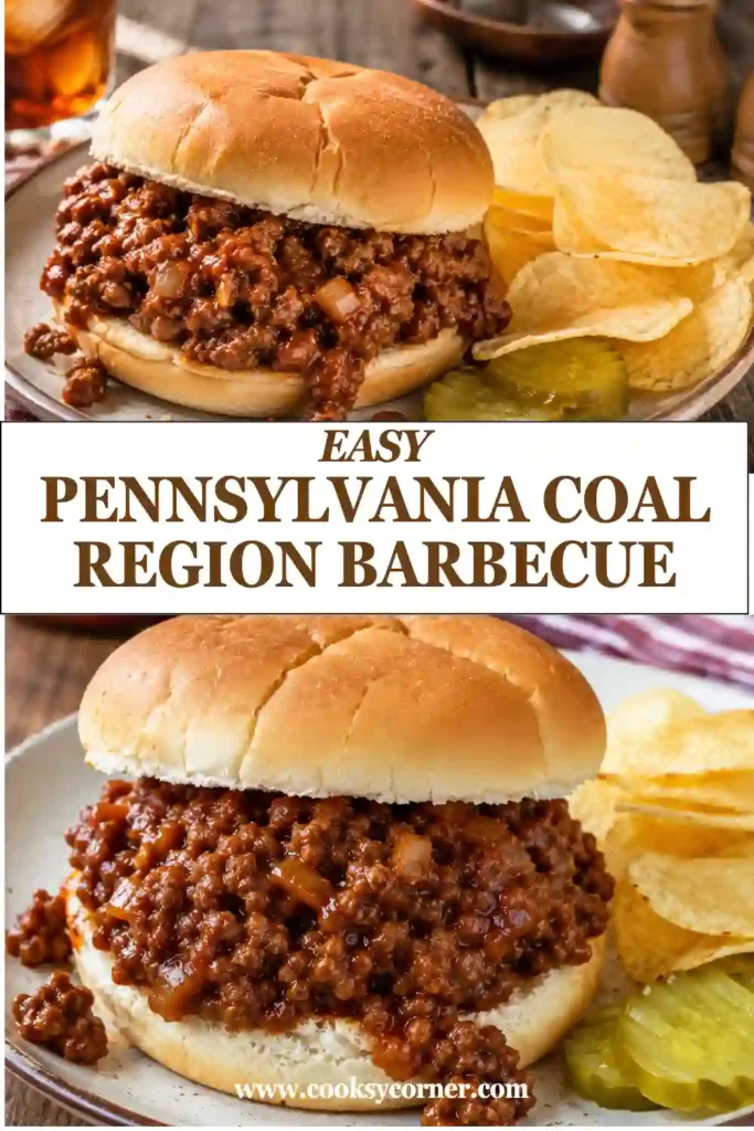 Freshly prepared Pennsylvania ground beef barbecue sandwich served on a soft bun with a generous spoonful of flavorful homemade barbecue filling. A hearty family-friendly meal.