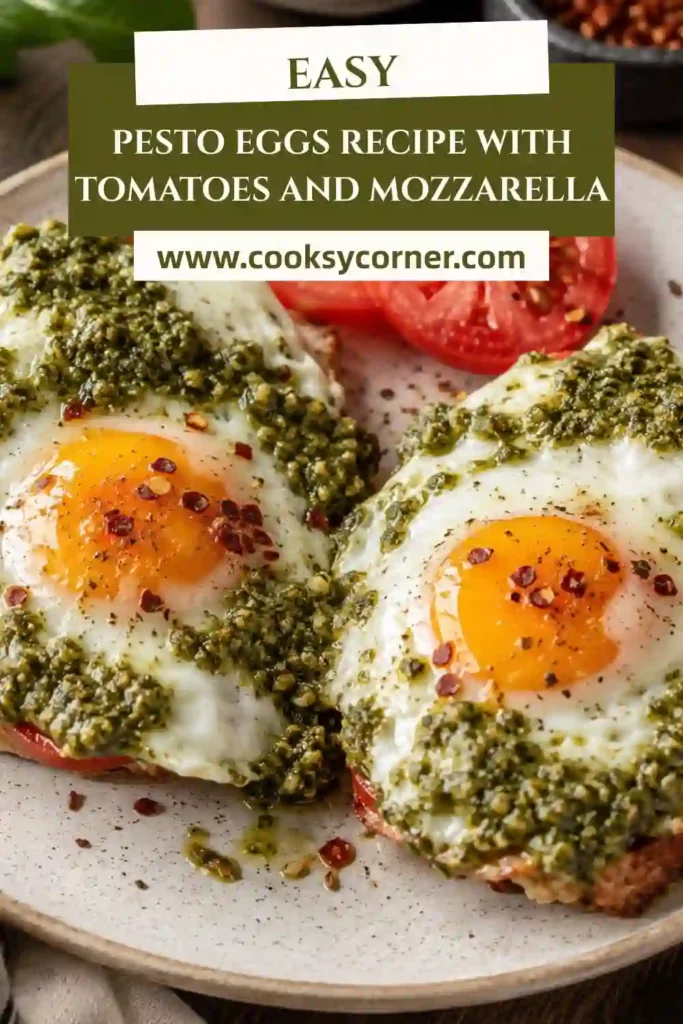 Breakfast toast topped with pesto eggs, mozzarella cheese, sliced tomatoes, and basil. An easy vegetarian breakfast recipe.