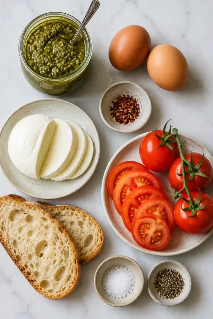 Close-up of pesto eggs with fresh tomatoes and mozzarella served on crispy toast. A quick breakfast recipe with basil pesto.