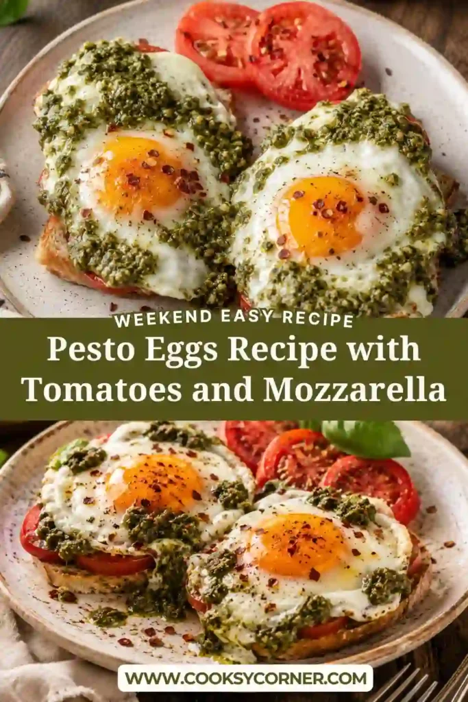 Homemade pesto eggs topped with fresh mozzarella, ripe tomatoes, and red pepper flakes on toasted artisan bread. A Mediterranean-inspired breakfast.