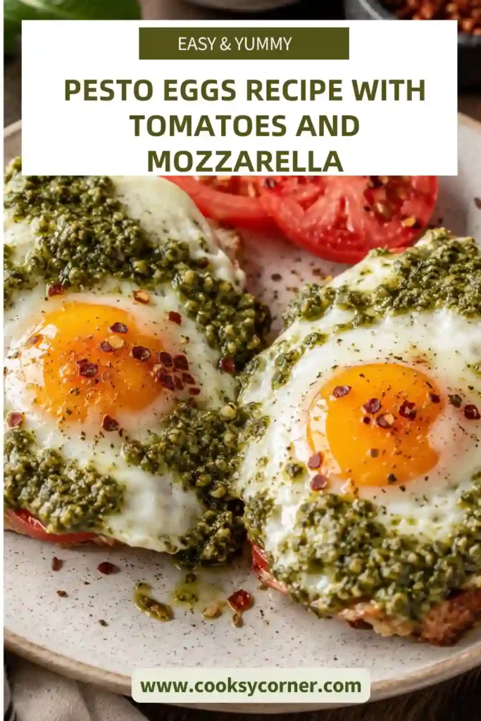 Pesto eggs served on toasted bread with fresh mozzarella, sliced tomatoes, and basil pesto. A quick and healthy breakfast recipe perfect for brunch.