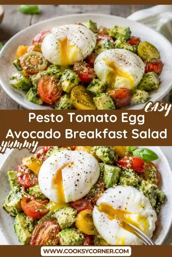 Fresh avocado, cherry tomatoes, basil pesto, and soft poached eggs come together in this Mediterranean breakfast salad. Every ingredient adds vibrant color and delicious flavor.