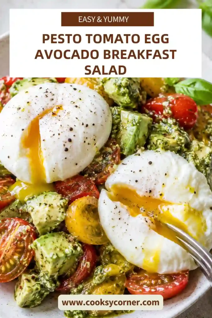 A bowl of Pesto Tomato Egg Avocado Breakfast Salad topped with perfectly poached eggs, fresh cherry tomatoes, creamy avocado, and Parmesan flakes. This healthy breakfast salad is colorful, fresh, and protein-rich.