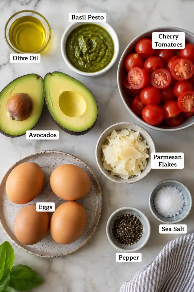 Close-up of a homemade pesto breakfast salad featuring ripe avocado, cherry tomatoes, Parmesan, and poached eggs with basil pesto dressing. Ideal for a healthy morning meal.