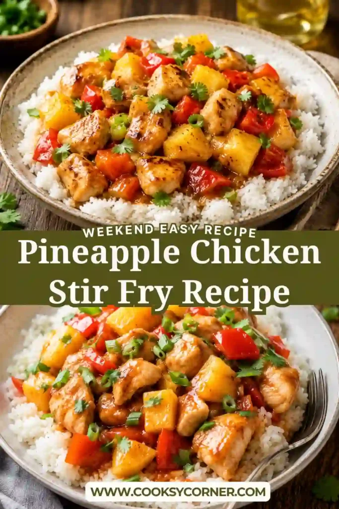 Pineapple Chicken Stir Fry served with juicy chicken, colorful bell peppers, fresh pineapple, and cilantro in a skillet.