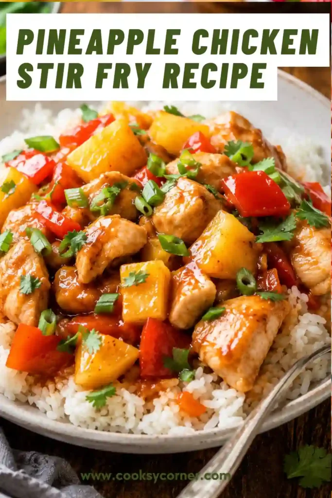 Easy Pineapple Chicken Stir Fry garnished with fresh cilantro and served over steamed jasmine rice.