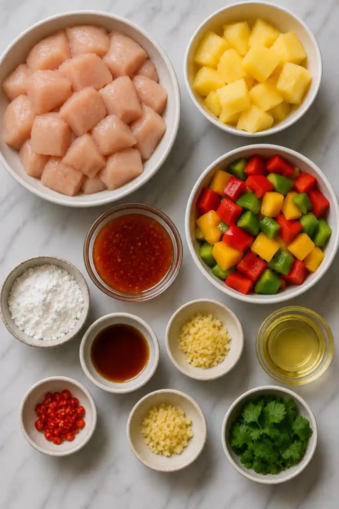 One-pan Pineapple Chicken Stir Fry made with fresh vegetables, chicken breast, pineapple, and sweet chili sauce.
