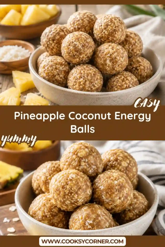 A bowl filled with homemade Pineapple Coconut Energy Balls coated with coconut flakes. These easy no-bake snacks are naturally sweetened and perfect for meal prep.