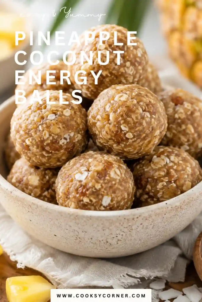 Close-up of chewy Pineapple Coconut Energy Balls showcasing their soft texture and tropical ingredients. A simple vegan snack perfect for busy days.
