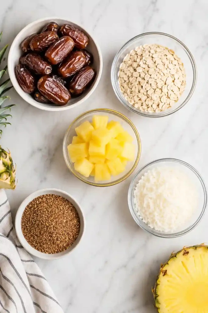 Close-up of chewy Pineapple Coconut Energy Balls showcasing their soft texture and tropical ingredients. A simple vegan snack perfect for busy days.
