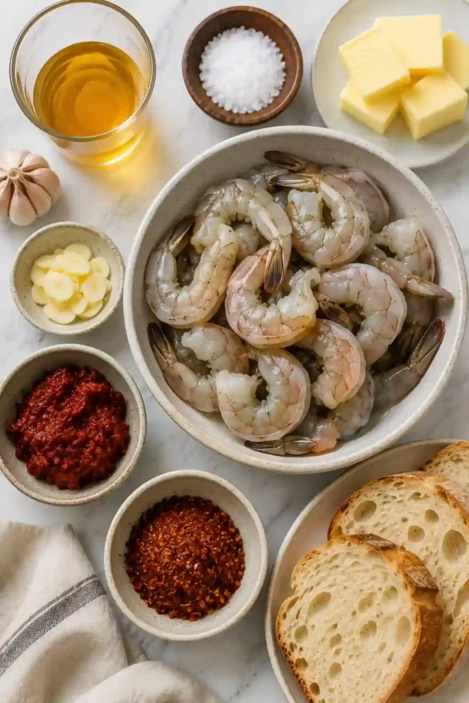Close-up of broiled shrimp in a rich harissa garlic butter sauce with toasted bread on the side for a flavorful seafood dinner.