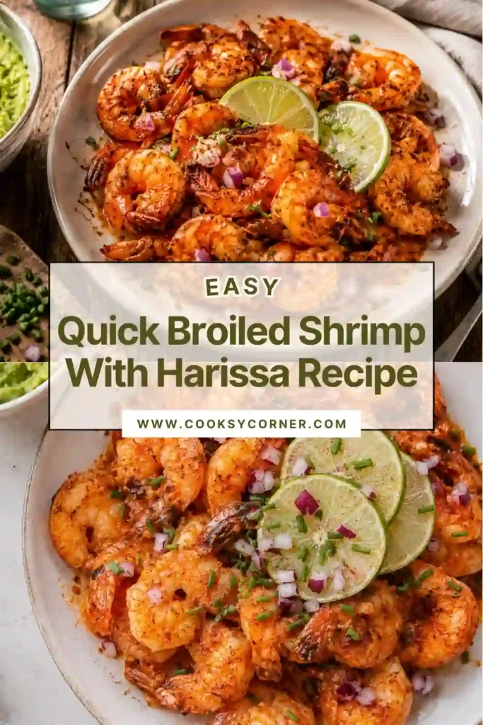 A platter of broiled shrimp coated in spicy harissa butter and garnished with fresh parsley and lemon wedges. The shrimp are tender, glossy, and perfectly cooked.