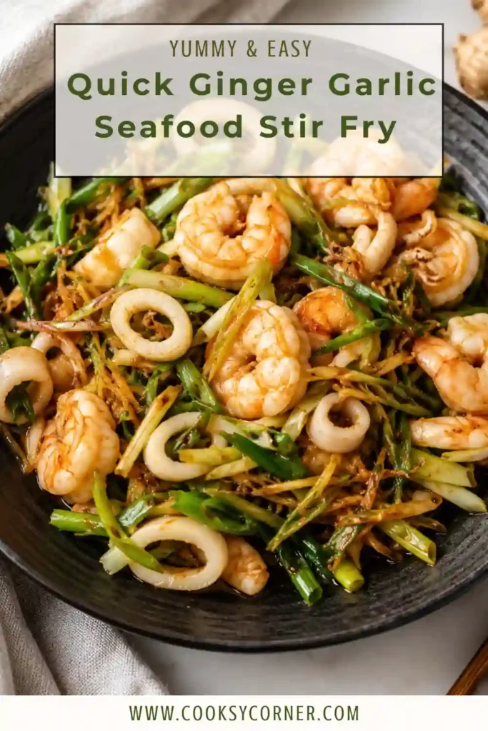 Healthy Ginger Garlic Seafood Stir Fry featuring mixed seafood and fresh spring onions served over jasmine rice.