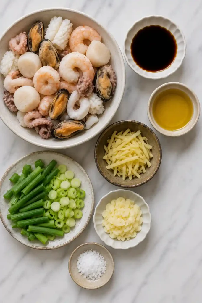 Easy mixed seafood stir fry with garlic, ginger, soy sauce, and green onions cooked in a wok.