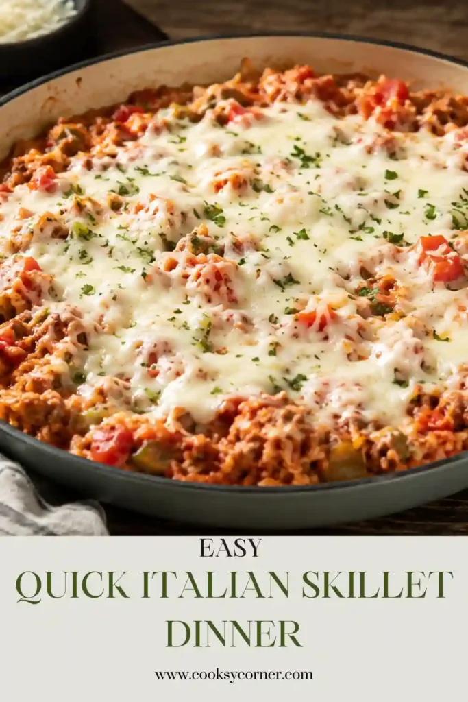Cheesy Quick Italian Skillet Dinner with beef sausage, colorful vegetables, fluffy rice, and tomatoes cooked together in one skillet. A simple homemade comfort food recipe.