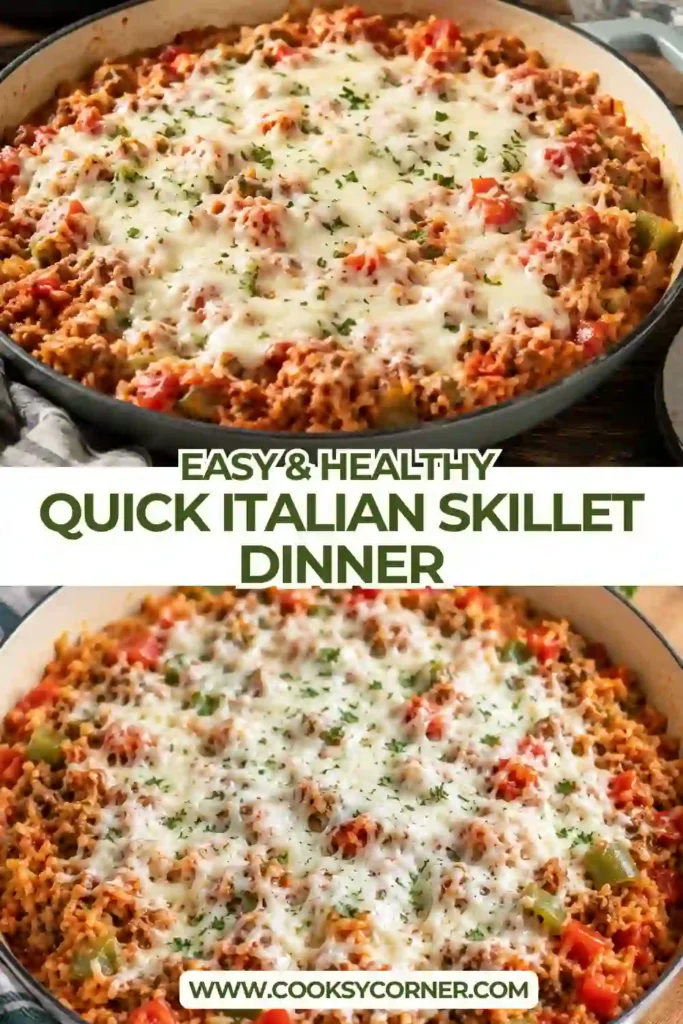 Freshly cooked Quick Italian Skillet Dinner served straight from the skillet with melted mozzarella over savory beef sausage and tender rice. A comforting Italian-inspired weeknight recipe.