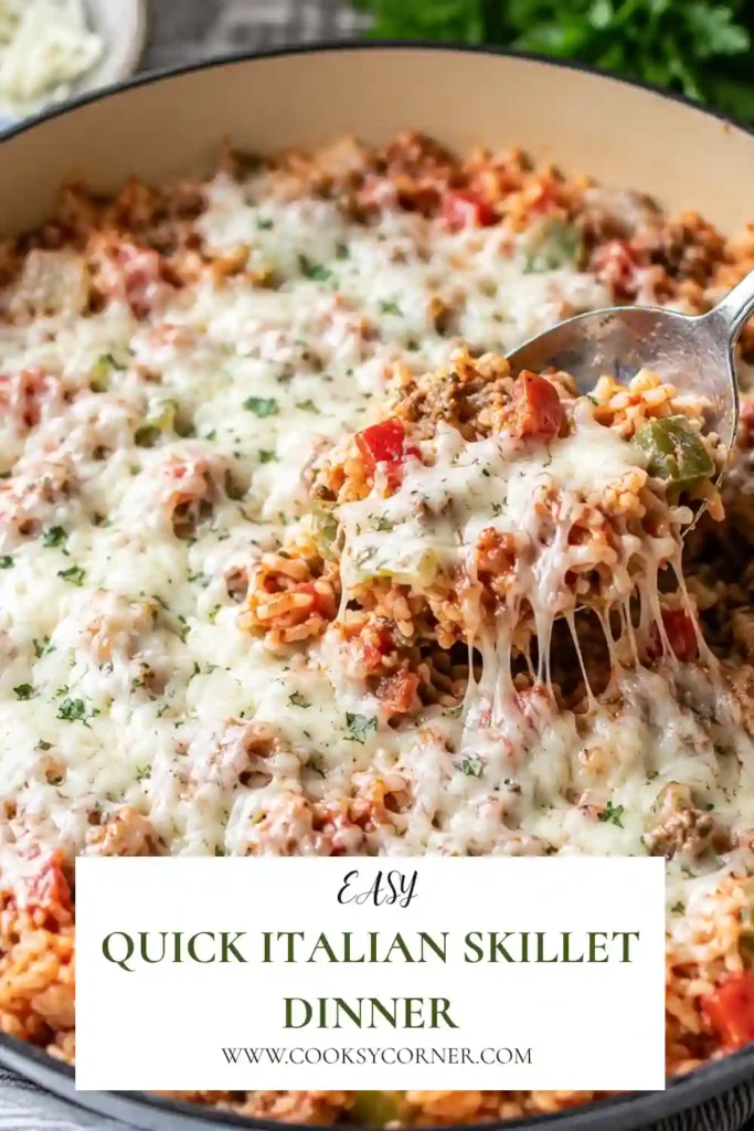 A skillet filled with Quick Italian Skillet Dinner featuring seasoned beef sausage, fluffy rice, diced tomatoes, bell peppers, onions, and melted mozzarella cheese. This easy one-pan meal is perfect for busy family dinners.