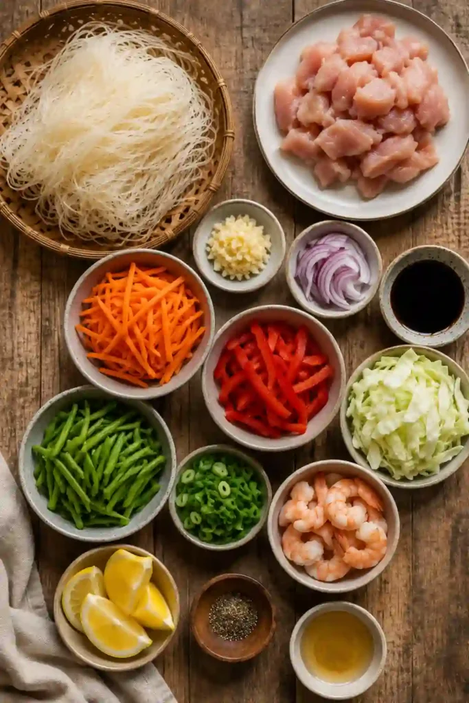 Golden rice noodles coated in savory sauce with juicy chicken and crisp vegetables. A delicious homemade Filipino noodle recipe served with fresh lemon wedges.