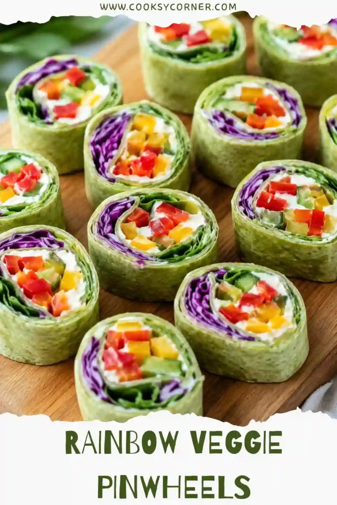 A close-up of Rainbow Veggie Pinwheels featuring bright vegetables and cream cheese filling wrapped in soft tortillas. These healthy roll-ups are fresh, crunchy, and delicious.
