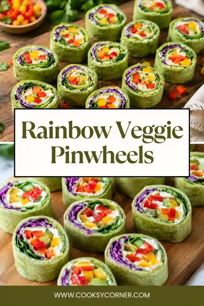Healthy veggie pinwheels filled with spinach, carrots, bell peppers, cabbage, and cream cheese on a serving platter. These colorful tortilla roll-ups are ideal for lunch or snacks.