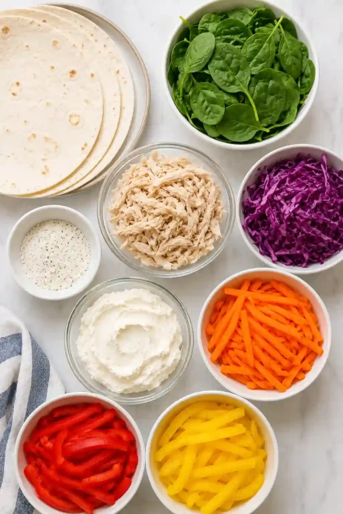 Rainbow Veggie Pinwheels arranged on a serving board with fresh vegetables and dipping sauce. These colorful tortilla wraps are perfect for parties and lunchboxes.