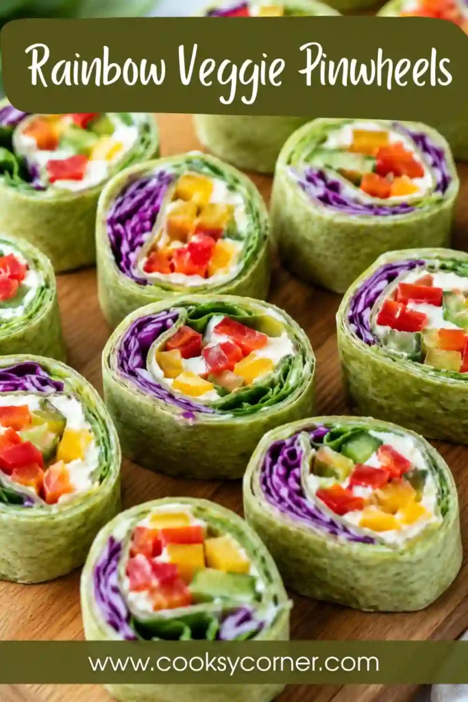 A platter of Rainbow Veggie Pinwheels made with tortillas, cream cheese, colorful bell peppers, carrots, spinach, purple cabbage, and optional shredded chicken. These fresh pinwheels are bright, healthy, and perfect for parties.