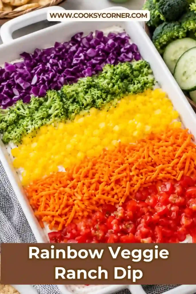 Cream cheese ranch dip topped with finely chopped rainbow vegetables served with tortilla chips. A colorful and crowd-pleasing appetizer for every occasion.