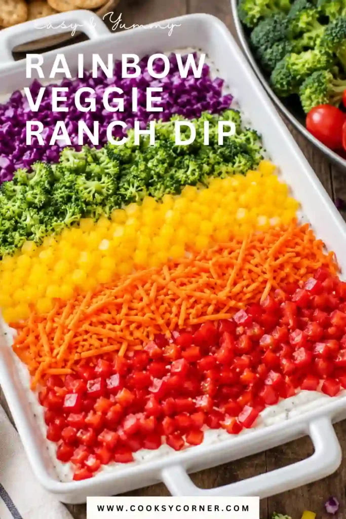 A homemade Rainbow Veggie Ranch Dip spread inside a serving dish and decorated with vibrant fresh vegetables. This colorful appetizer is ideal for holidays, game day, and potlucks.