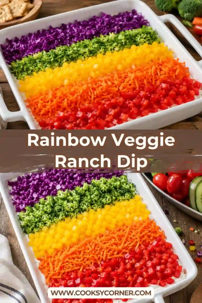 Rainbow Veggie Ranch Dip topped with colorful layers of tomatoes, carrots, yellow peppers, broccoli, and purple cabbage over creamy homemade ranch. This vibrant appetizer is perfect for parties and family gatherings.