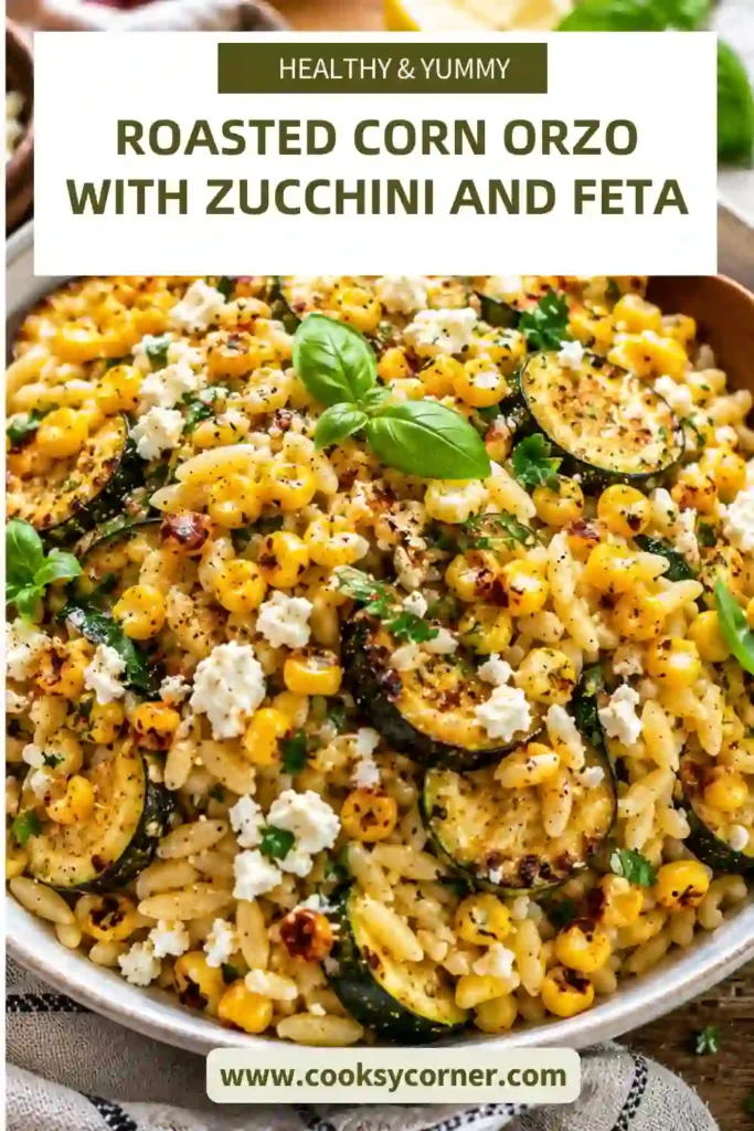 Golden roasted corn mixed with tender orzo, zucchini, fresh herbs, and crumbled feta cheese creates a colorful Mediterranean-inspired side dish. Bright citrus dressing adds fresh flavor.