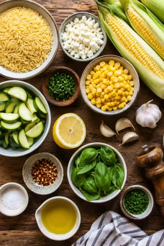 Roasted Corn Orzo with Zucchini and Feta served warm in a rustic bowl with fresh basil and lime wedges. This easy summer pasta recipe is colorful, fresh, and satisfying.