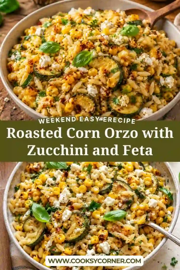 Fresh roasted corn, zucchini, feta cheese, and orzo pasta tossed together with herbs and lime dressing in a vibrant summer salad. An easy vegetarian recipe that's full of flavor.