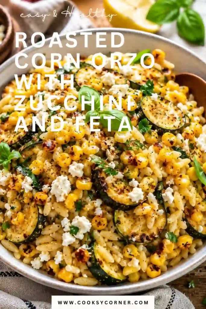 A bowl of Roasted Corn Orzo with Zucchini and Feta featuring sweet roasted corn, tender zucchini, creamy feta cheese, and fresh basil tossed in a light citrus dressing. This colorful Mediterranean-inspired pasta dish is perfect for summer meals.