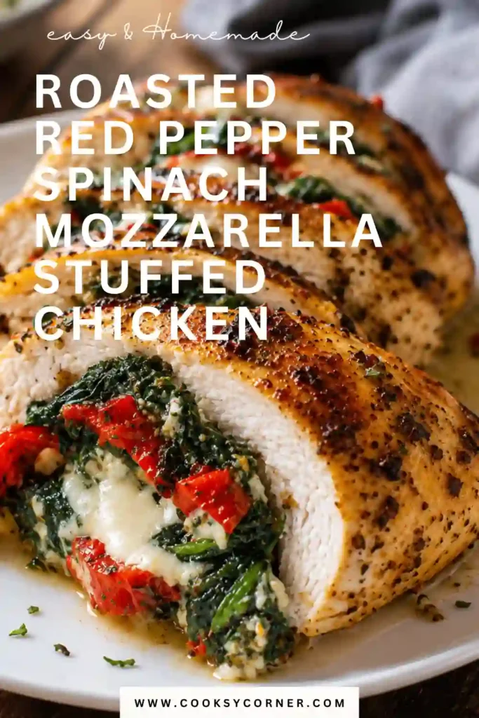 Golden roasted stuffed chicken served with fresh herbs and vegetables. The mozzarella filling melts beautifully with spinach and roasted red peppers.